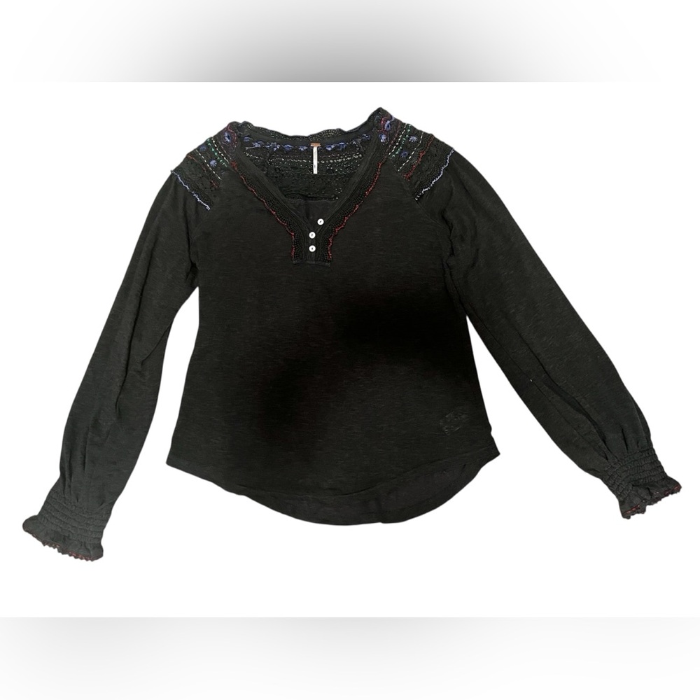 Free People Grey Top with Colorful Embroidery